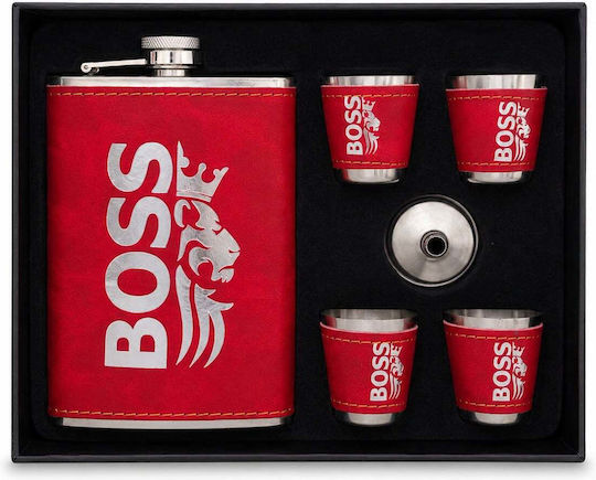 Set Bărbați Boss Sticlă Metalică 4 Pahare de Shot Îmbrăcate în Piele Pâlnie Cutie Elegantă Roșie