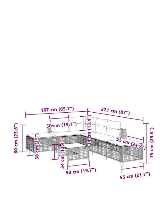 Outdoor Corner Sofa Rattan With Cushions 167x55x60cm