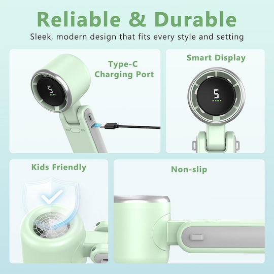 Portable Plastic Usb Battery Fan Electric Motor Foldable Bladeless 5-speed Settings Green