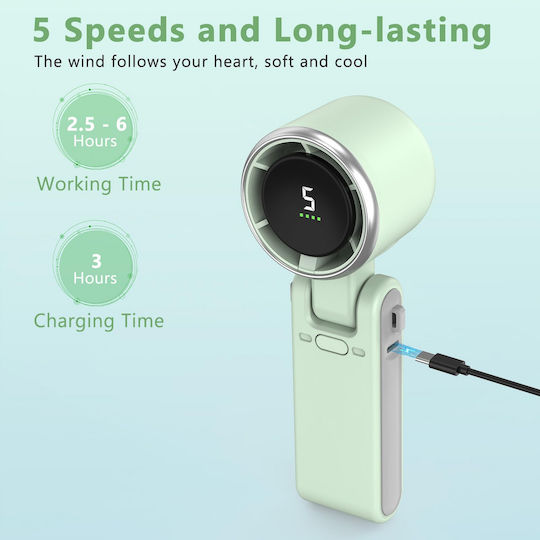Portable Plastic Usb Battery Fan Electric Motor Foldable Bladeless 5-speed Settings Green
