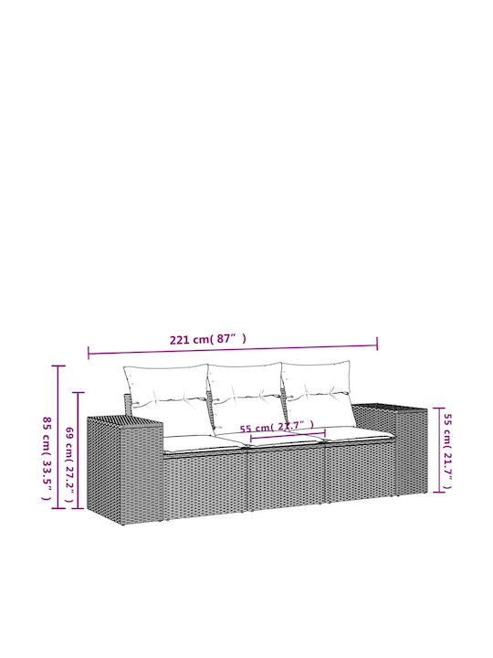 Three-Seater Outdoor Rattan Sofa with Cushions 55x62x69cm