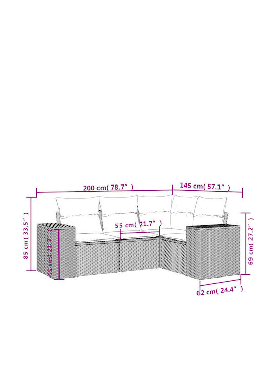 Outdoor Corner Sofa Rattan With Cushions 62x62x69cm