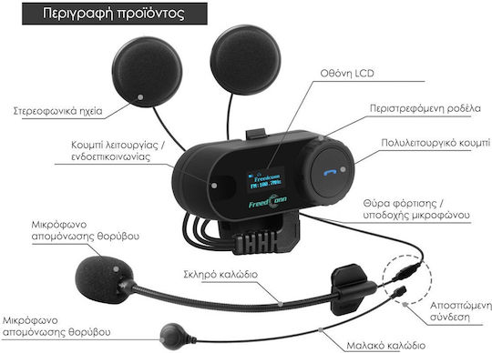 FreedConn T-COM SC Sistem de comunicare pentru motociclete cu un singur căști cu Bluetooth