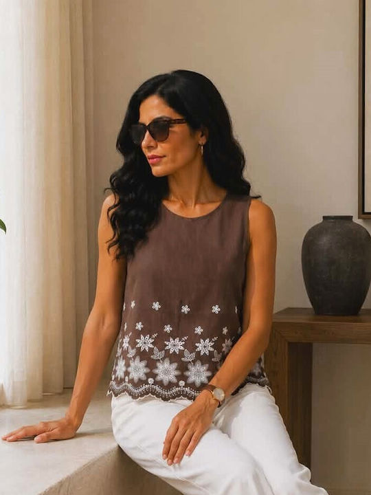 Women's Sleeveless Cotton Brown Blouse