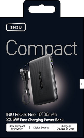 Iniu Pocket Neo Power Bank 10000mAh με Θύρα USB-A και 2 Θύρες USB-C Μαύρο