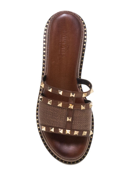 Δερμάτινα Γυναικεία Σανδάλια Flatforms Καφέ