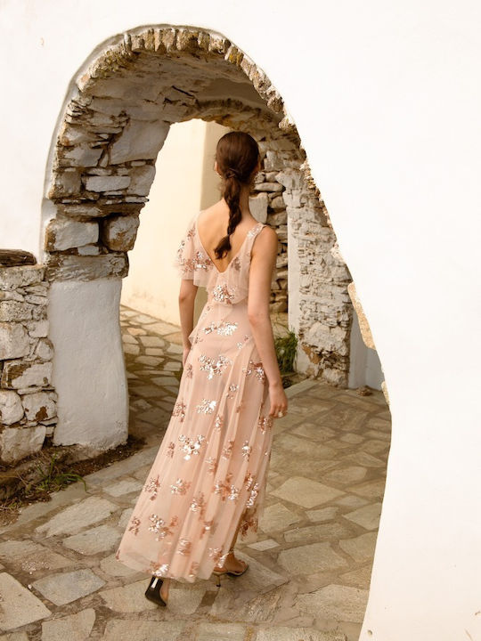 Rochie De Vară Maxi Pentru Nuntă Botez Cu Tul Bej Josiadress