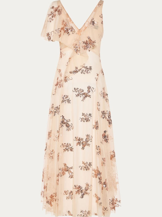 Rochie De Vară Maxi Pentru Nuntă Botez Cu Tul Bej Josiadress