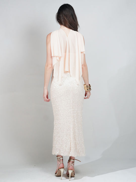 Summer Maxi Evening Dress Strapless Open Back with Tulle Beige