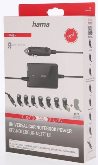HAMA Slim & Light Universal Car Notebook Power Supply Unit, 15 - 19 V/70W Универсален Зарядно за лаптоп 70W 19V 4.5Спецификация с Адаптер за Захранване и с набор от конектори
