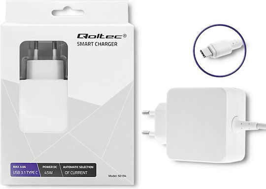 Qoltec Power adapter USB-C Universal Φορτιστής Laptop 45W 20V 2.25A με Αποσπώμενο Καλώδιο Τροφοδοσίας