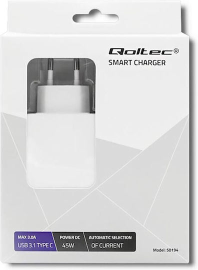 Qoltec Power adapter USB-C Universal Φορτιστής Laptop 45W 20V 2.25A με Αποσπώμενο Καλώδιο Τροφοδοσίας
