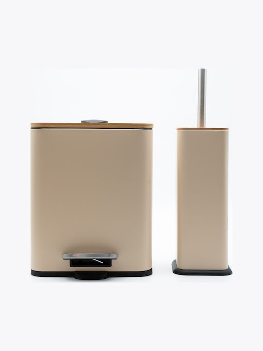 TnS Bamboo Cubic Bamboo Set Toilet Brush and Bathroom Bin Soft Close 5l Beige