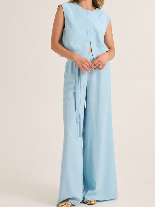 Women's High Rise Fabric Trousers Light Blue