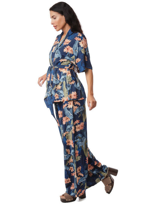 Dark Blue Set Trousers Jacket Floral Prints