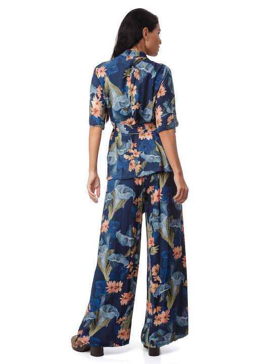 Dark Blue Set Trousers Jacket Floral Prints