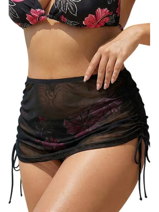 Bikini Set 3 Pieces Floral Transparent Black