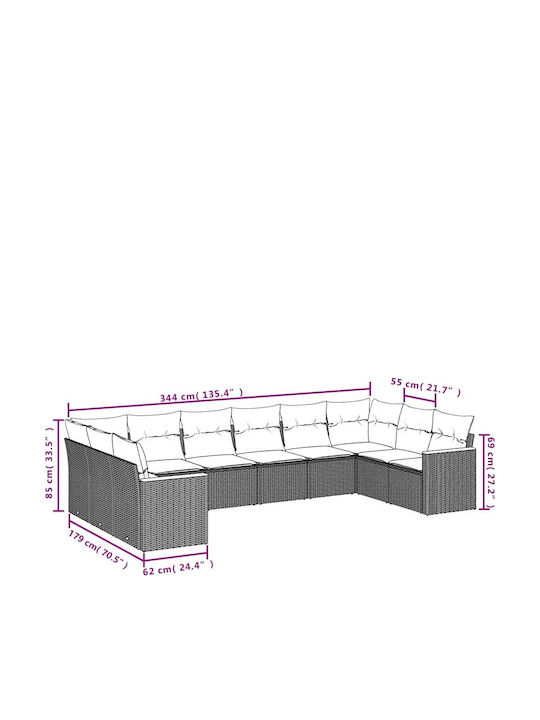 Outdoor Corner Rattan Sofa With Cushions 62x62x69cm