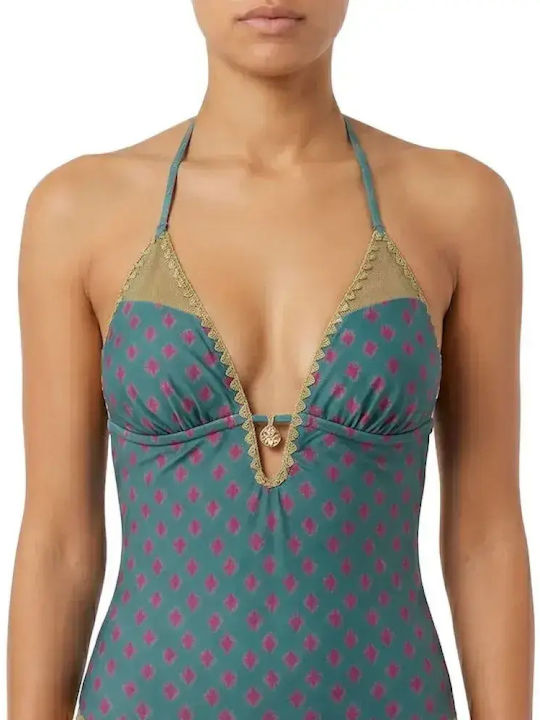 Modern Ocean Women's One Piece Swimsuit Brazil Halterneck Binding Petrol Green Embroidered Crochet Details on Edges C-6391 Petrol