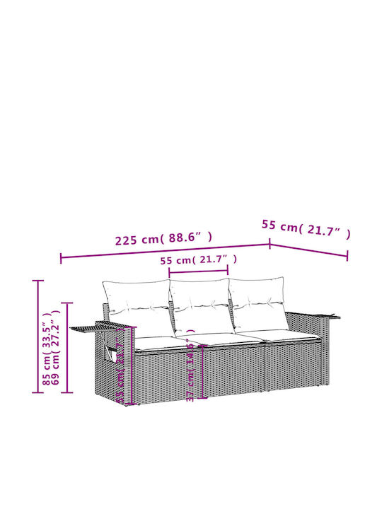 Three-Seater Outdoor Rattan Sofa with Cushions 55x62x69cm