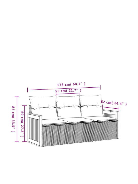 Three-Seater Outdoor Rattan Sofa with Cushions 55x62x69cm