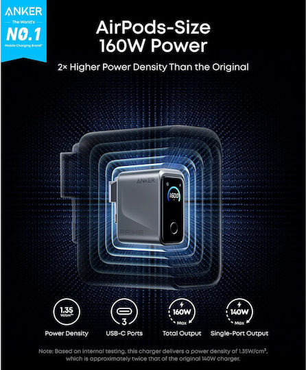 Anker USB-C Φορτιστής Laptop 160W 5.36A με Αποσπώμενο Καλώδιο Τροφοδοσίας
