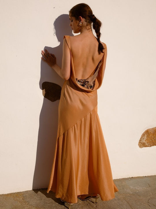 Maxi Abendkleid Satin Drapierung mit Spitze Orange