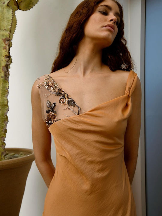 Maxi Abendkleid Satin Drapierung mit Spitze Orange