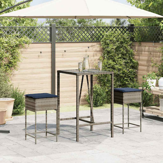 Garden Bar Stool Outdoor Rattan with Gray Cushion 2 Pieces 40x40x76cm