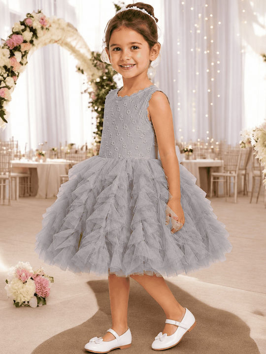 Girls Dress Sleeveless with Lace Floral Grey