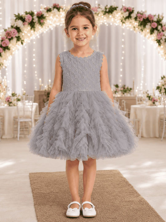 Girls Dress Sleeveless with Lace Floral Grey