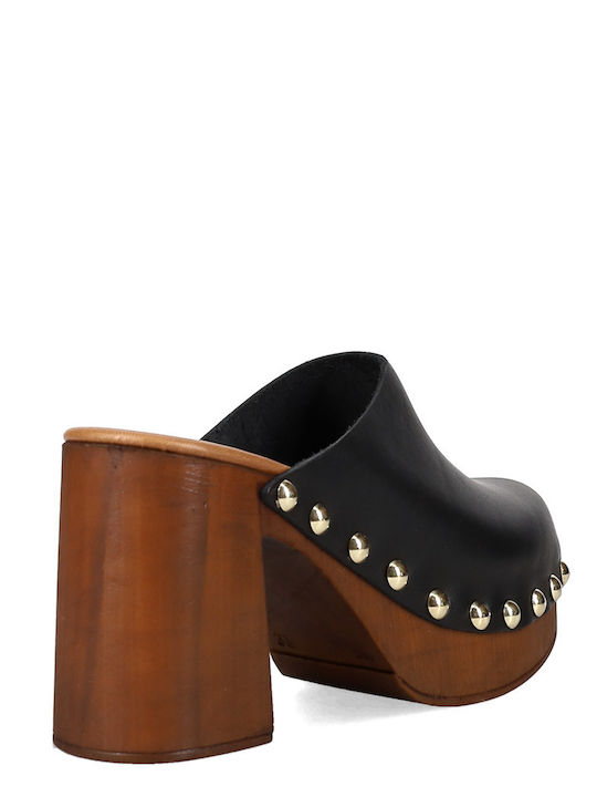 Leather Mules with Chunky Heel in Black Colour