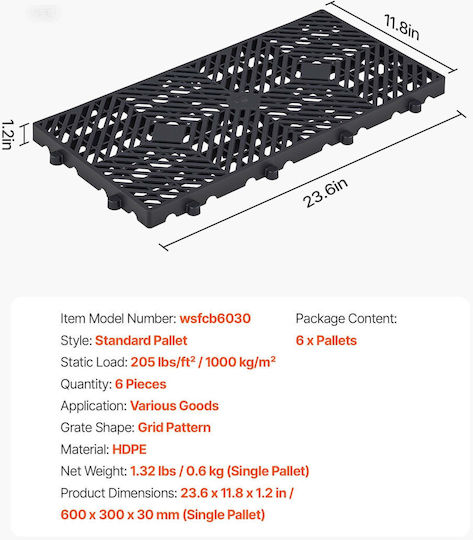 Vevor 6 Pieces Plastic Storage Pallets Stackable Waterproof 600 X 300 X 30 Mm Black Sltp6gfctpl2qf3yb001v0