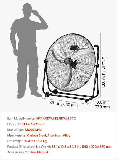Vevor Ventilator De Pardoseală Diametru Ventilator 76cm Negru