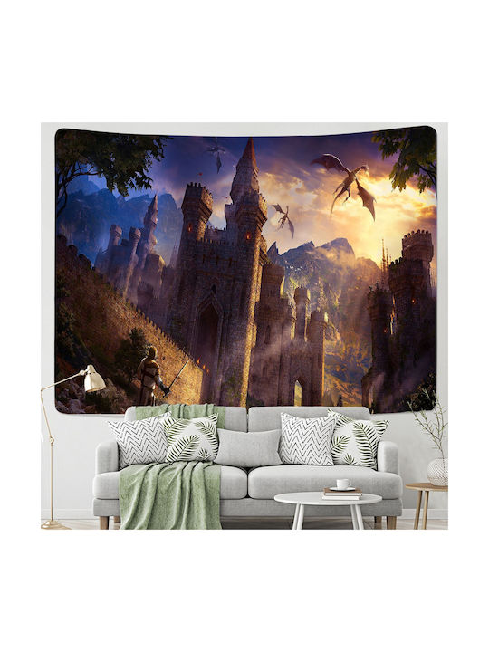 FRIPIA Decorative Tapestry Castle with Dragon Handmade Made of Fabric 150x130cm