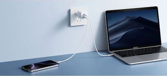 Veger Φορτιστής με Θύρα USB-A και Θύρα USB-C και Καλώδιο USB-C - USB-C 100W Power Delivery Λευκός (TR150)