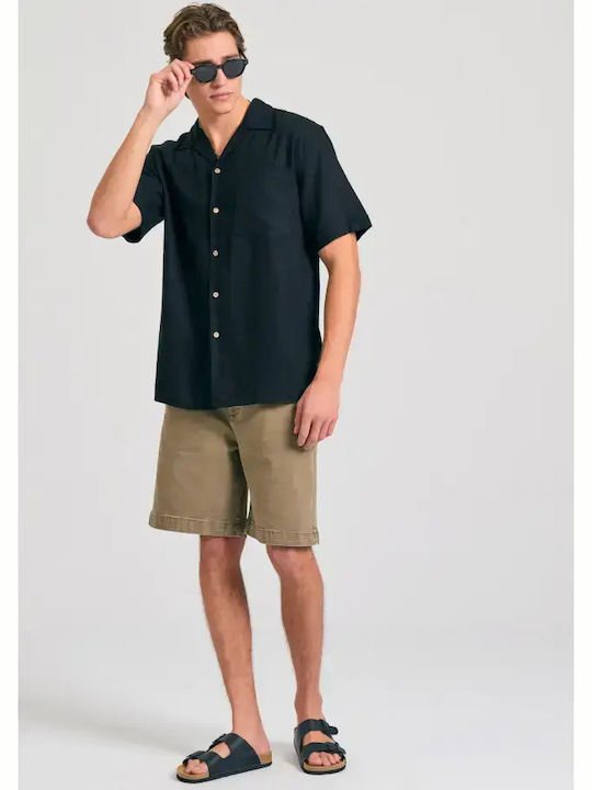 Short Sleeve Linen Shirt in Wide Fit Black
