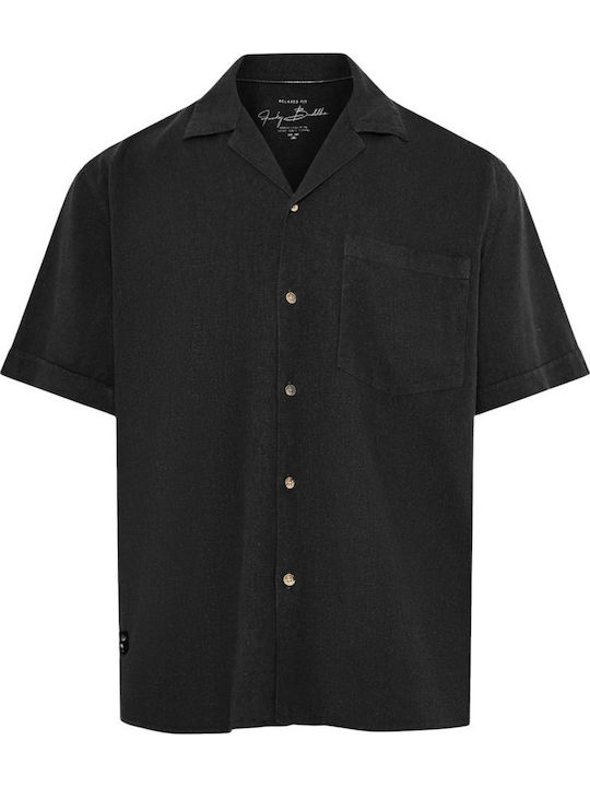 Short Sleeve Linen Shirt in Wide Fit Black
