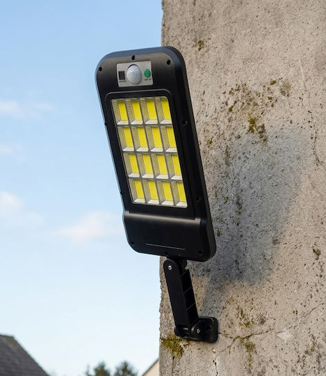 Соларна улична лампа с 240 LED COB сензор за движение, вграден соларен панел, 4 режима на работа, мощност 72 W, ъгъл на осветление 120, IP 67, монтажно рамо, дистанционно управление, време на работа 8-10 часа, вертикално-хоризонтално регулиране