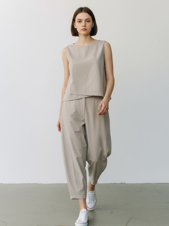 Damen Stoffhose mit Gummiband in Regulärer Passform Stone