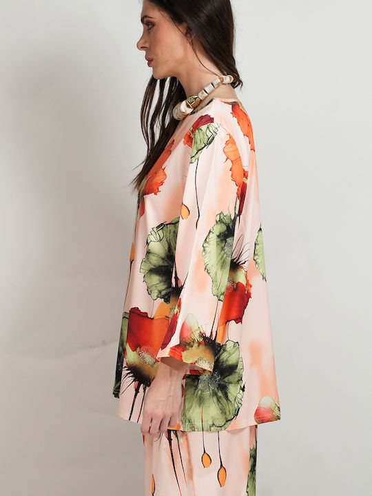 Damen Bluse Satin mit Ausschnitt Lächeln Blumen Mehrfarbig