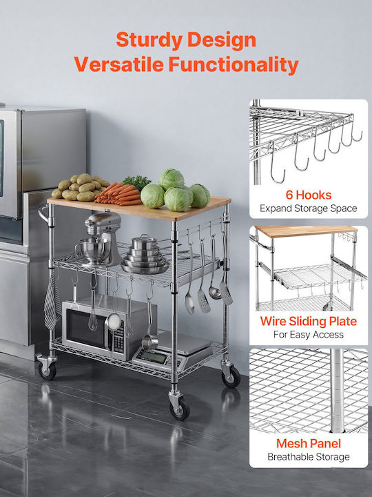 Vevor Τρόλεϊ Κουζίνας Μεταλλικό Ασημί 76x46x91cm