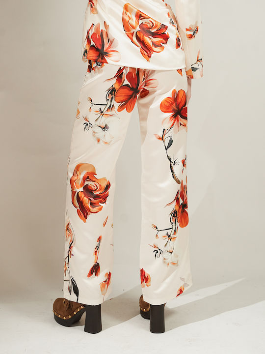 Women's High Rise Satin Flared Trousers with Rubber Band in Regular Fit Floral Multicolour