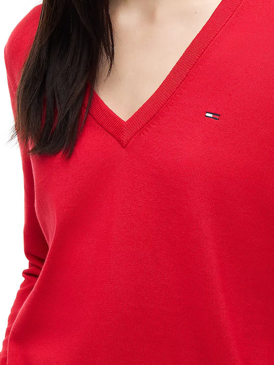 Essential Damen Langärmeliges Baumwoll-Pullover mit V-Ausschnitt Rot