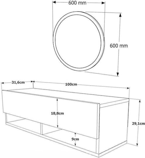 Wooden Console with Mirror Brown Length 60cm x Width 29cm x Height
