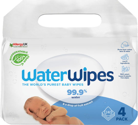 WaterWipes Hypoallergenic Baby Wipes 99.9% Water Fragrance Free Alcohol-Free Parabens Free 4x60pcs