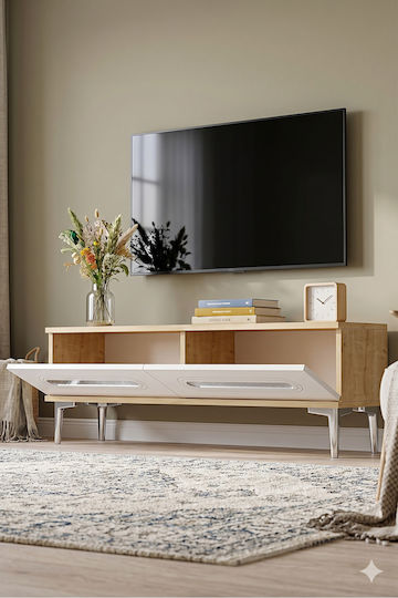 TV Stand Made of Wood & White Glass L120xD30xH41cm