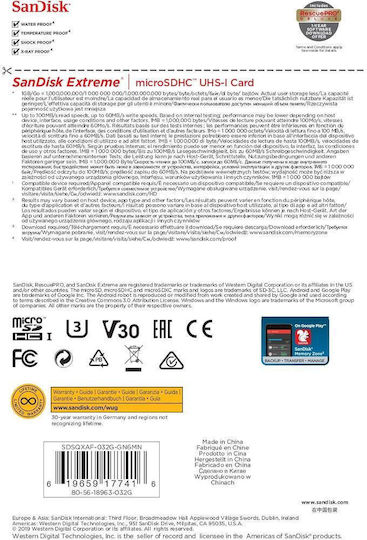 Sandisk Extreme microSDHC 32GB U3 V30 A1 UHS-I 100MB/s
