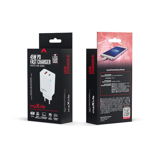 Maxlife Maxlife GaN Handyladegerät mit 2 USB-C Ausgangsanschlüsse 45W Stromlieferung Weiß