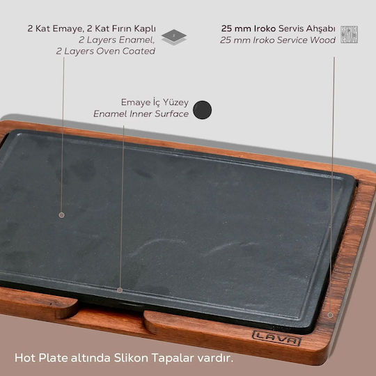 Cast Iron Serving Tray 30 X 20 Cm Wooden Base Lava